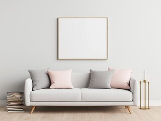 Elegant Living Room Sofa With Blank Frame on Neutral Wall