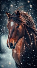 Majestic brown horse in winter snowfall.