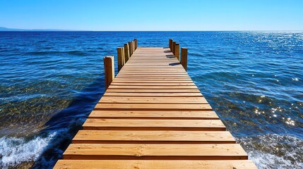 Fototapeta premium Serene Wooden Dock on Calm Blue Sea - Minimalism
