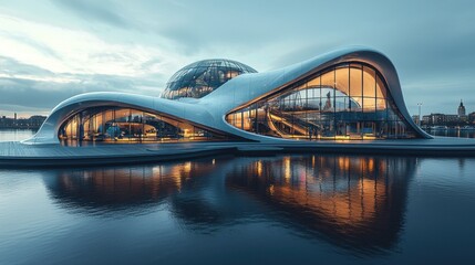 Modern architectural wonder by the water, illuminated at twilight.  A futuristic building with flowing, organic forms reflects in a calm body of water.