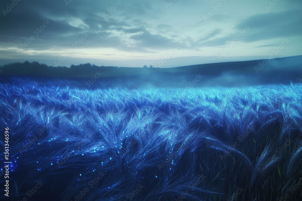 Poster Surreal wheat field glows with bioluminescent energy under misty sky at twilight Generative AI
