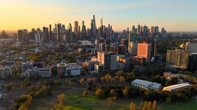 Short 9 second Timelapse of Melbourne CBD from over Albert Park as the drone moves toward the city during a golden sunset