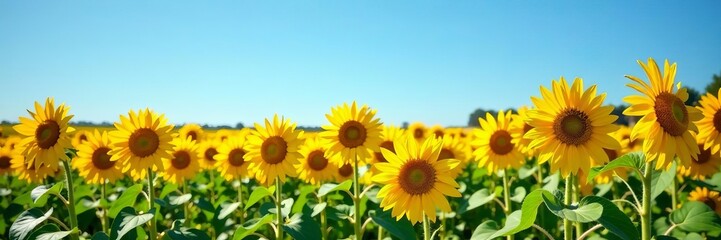 Obraz premium Vibrant sunflower fields under a clear blue sky, sunny, background, field