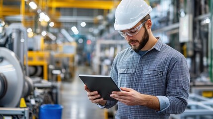 Engineer in Safety Gear Using Digital Tablet in Modern Factory Setting