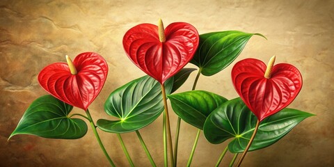 Obraz premium Heart-Shaped Blooms A Trio of Vibrant Red Flowers with Lush Green Foliage Against a Textured Background