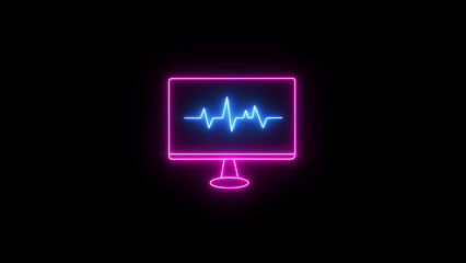 Glowing red neon Heartbeat Monitor line icon illustration. Pulse, heart rhythm, heartbeat cardiogram, line icon on black background ECG monitor with heart beat hand drawn	