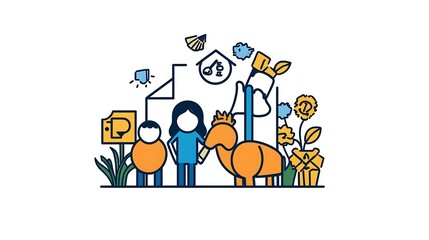 Fototapeta premium Happy Family in Their Vibrant Line Art Home Garden AI Generated
