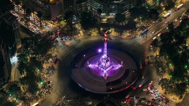 Aerial Timelapse of the angel de la Independencia in Mexico City at Night
