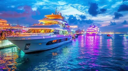 Obraz premium Luxury Yachts at Night, Harbor Cityscape - Vibrant Color Palettes