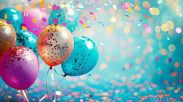 Colorful balloons and confetti on a teal background, creating a festive and celebratory atmosphere.