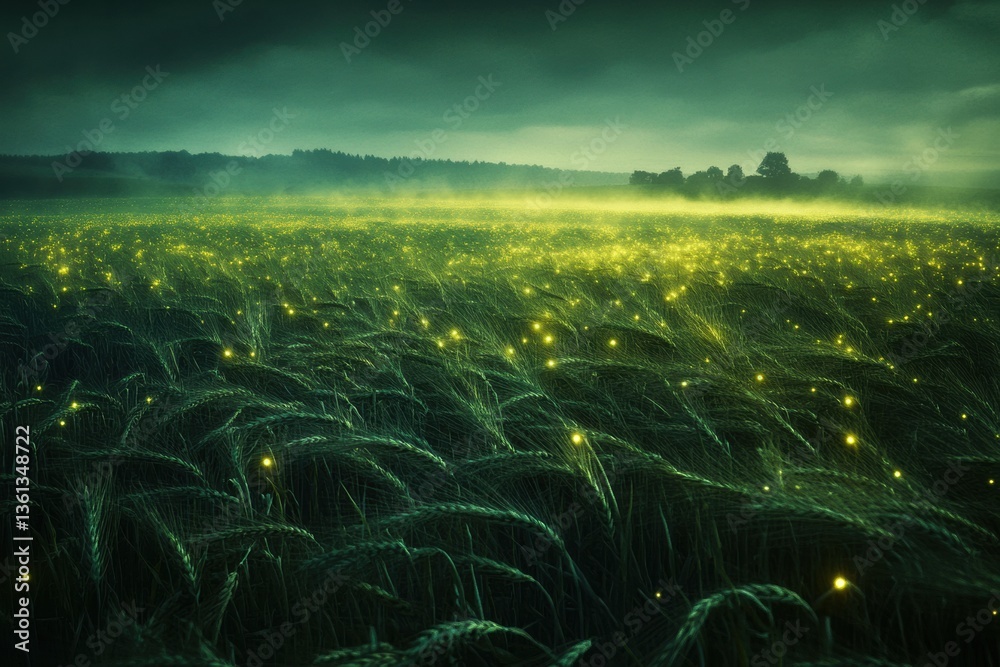 Leinwandbilder surreal wheat field illuminated by bioluminescent energy with fog rolling in the dreamlike landscape