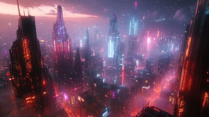 Fototapeta premium Aerial view of a futuristic city at night, vibrant neon lights illuminating towering skyscrapers, a dense network of roads, and a misty atmosphere.