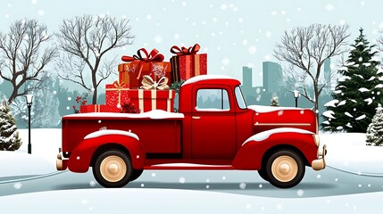 Red Pickup Truck Delivering Christmas Presents on a Snowy Winter Day AI Generated