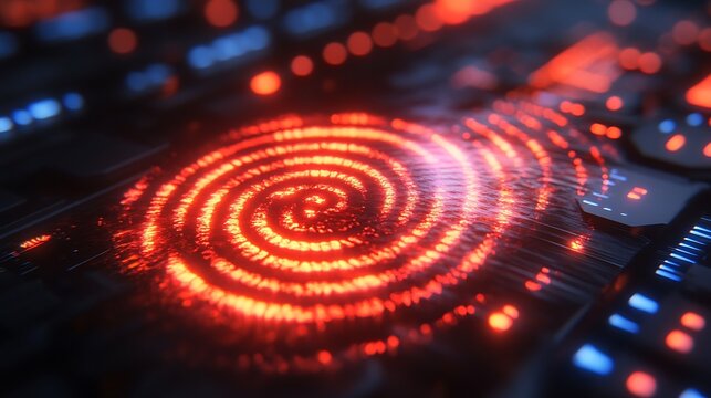 Glowing red spiral fingerprint displayed on a circuit board surface