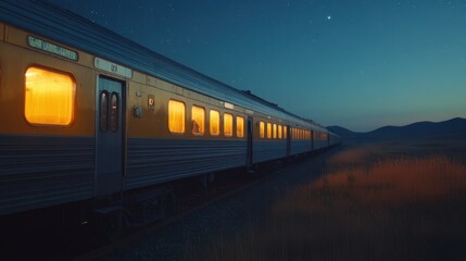 Obraz premium Nighttime Train Journey Through Rustic Landscape with Warm Yellow Lights and Starry Sky Above