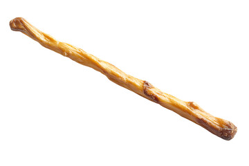 Close up shot of a single twisted stick snack with a brown color on a black background isolated view