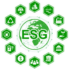modern ESG vector illustration featuring a digital globe with sustainability icons representing environmental, social, and governance principles. Ideal for finance, business, and corporate