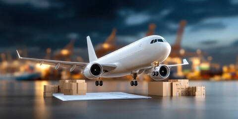 A cargo airplane prepares for takeoff amidst a bustling shipping port, symbolizing global trade and logistics operations in action.