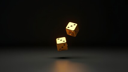 Two Golden Dice In Motion On Black