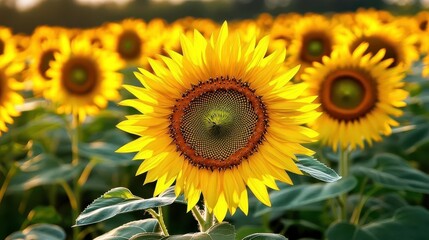 Obraz premium Vibrant Sunflower Field at Sunset - Nature Photography