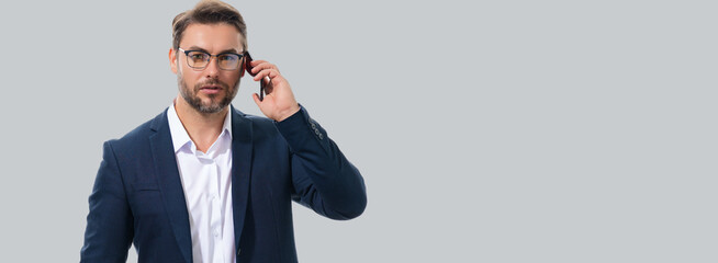 Business man in suit talking on phone, promo mobile app. Businessman in casual clothes using...