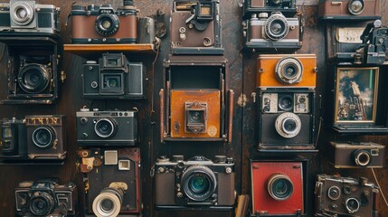 Obraz premium A collection of vintage cameras displayed on a rustic shelf, showcasing their classic design and historical significance in photography.