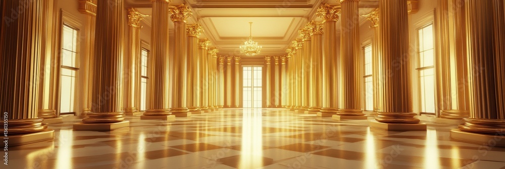 Poster luxurious government building featuring grand golden columns illuminated by elegant lighting generat
