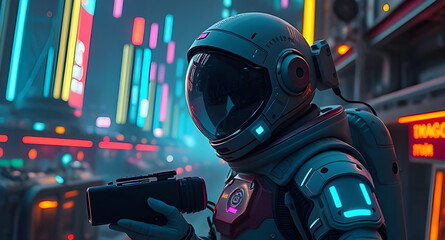 AI Generated lone astronaut character exploring high-tech city at night with neon signage, blue-pink glow, cinematic retro-futuristic vibe perfect for cyberpunk, mystery, sci-fi concept art