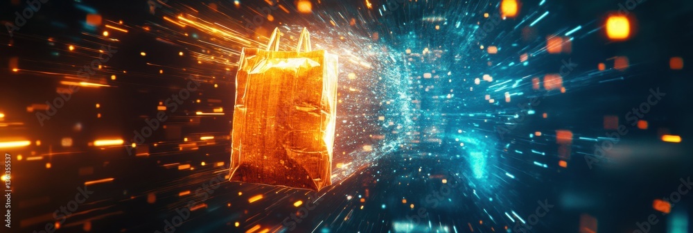 Poster grocery bag teleporting through a vibrant sci-fi portal with bright glowing lights and a high-energy