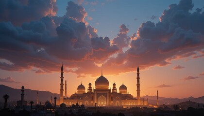 Obraz premium sunset in istanbul mosque eid Mubarak greeting card background