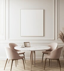 Minimalist dining room with round marble table, pink chairs, and blank canvas.