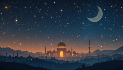 night landscape with moon mosque eid Mubarak greeting card background