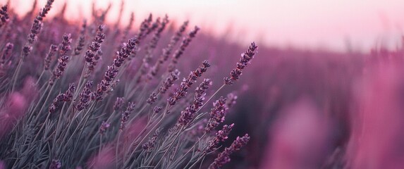 Serene Lavender Field Under Soft Pink Sky at Dusk