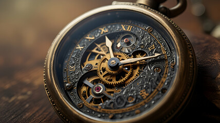 Antique Skeleton Pocket Watch Intricate Gears Gold Accents Dark Background