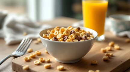 Healthy Breakfast Bowl With Cereal and Orange Juice on Wooden Table