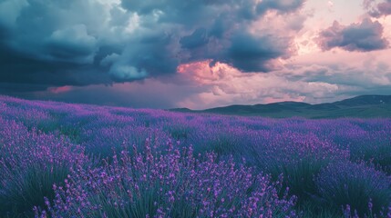 Vibrant lavender field under a dramatic sky; a scenic vista where the earth's purple expanse meets the heavens' evolving canvas.
