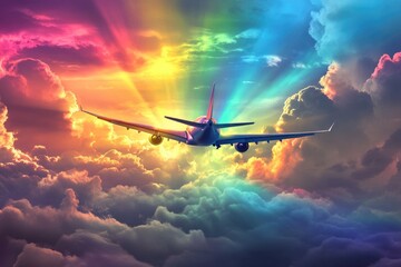Dramatic cinematic sky with sun rays breaking through dark gray clouds, airplane flying, rainbow colors, sunset, stormy weather, nature backdrop