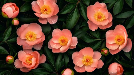 Fototapeta premium Coral Peonies in Lush Foliage: A Springtime Floral Flatlay AI Generated