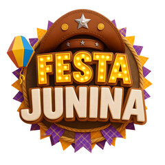 Placa colorida de Festa Junina com luzes, lanternas de papel, bandeirinhas e janelas azuis sobre fundo vermelho
