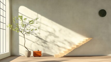 Sunlit Minimalist Interior: 3D Render of a Wooden Staircase and Olive Tree AI Generated