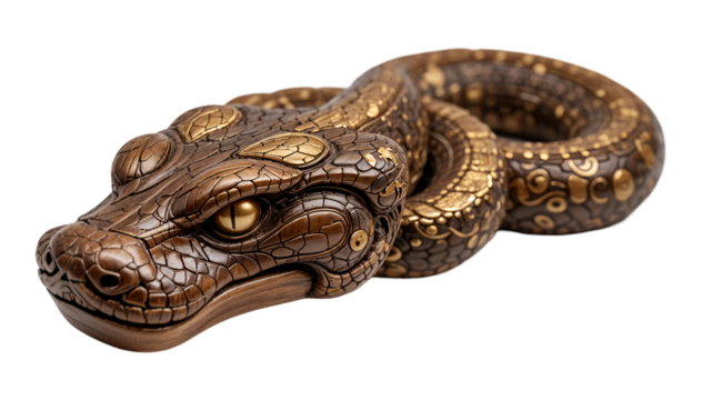 Gold Accented Carved Wooden Snake Sculpture on Transparent Background