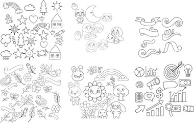 Large Collection of Hand Drawn Vector Doodle Icons for Kids Nature Business and Celebration Design Projects