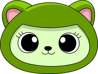 Cute Green Cartoon Animal Face with Big Eyes and Rounded Ears for Kids and Mascot Designs