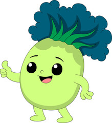 Happy Green Cartoon Vegetable Character with Blue Leafy Hair Giving Thumbs Up for Kids and Healthy Food Themes
