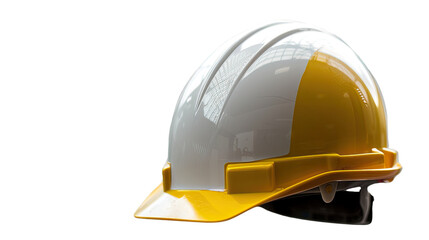Fototapeta premium Safety First: A close-up of a brand new, protective construction helmet, a symbol of security and compliance, ready to safeguard workers on site.