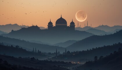 Obraz premium sunrise in the mountains mosque eid Mubarak greeting card background