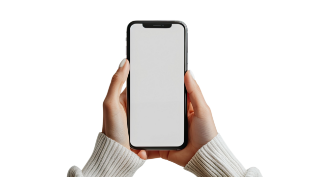 Holding Mobile Device: A pair of hands delicately hold up a sleek mobile device with a blank screen, ready for the user's touch, offering a versatile digital space