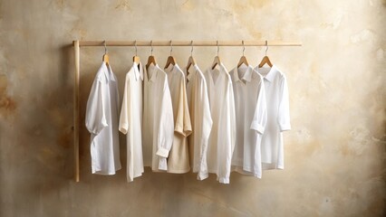 Fototapeta premium Simple Elegance Neutral-toned shirts hanging on a wooden rack against a textured wall backdrop.
