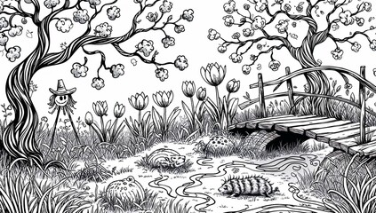 Obraz premium Whimsical nature scene depicting trees, flowers, and a bridge 