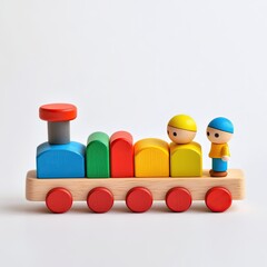 Wooden toy train with different color blocks on a white background,